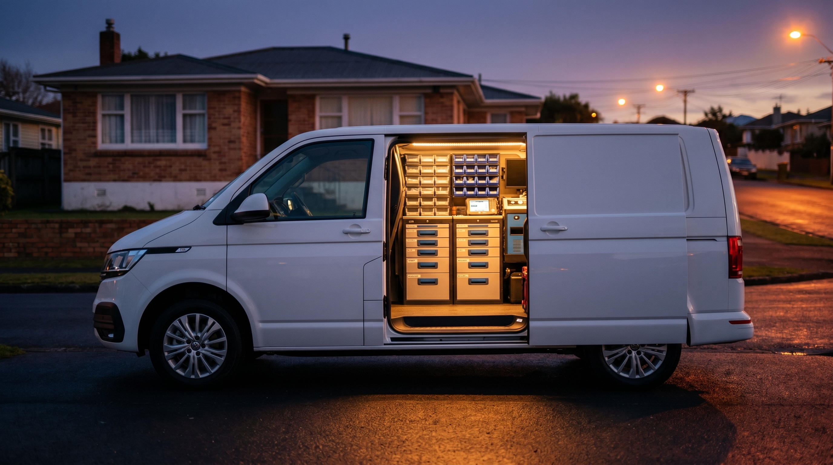 Mobile mechanic's van at dusk with sliding door open, revealing an organized workshop interior with tool drawers, diagnostic equipment, and warm LED lighting